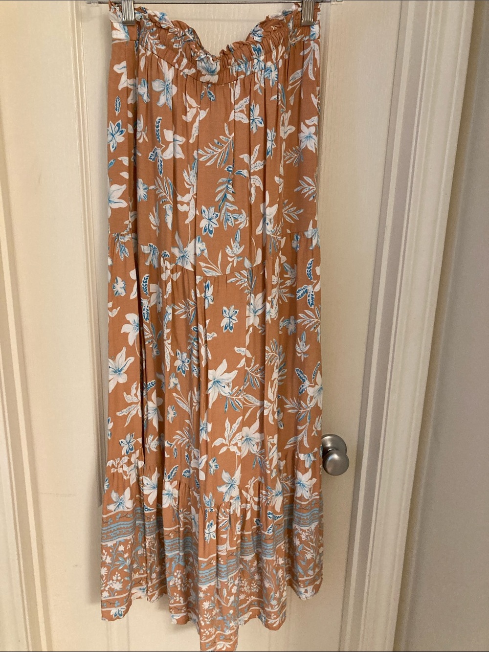Boho Floral Maxi Skirt in Camel with White & Light Blue Print - Picture 12 of 14
